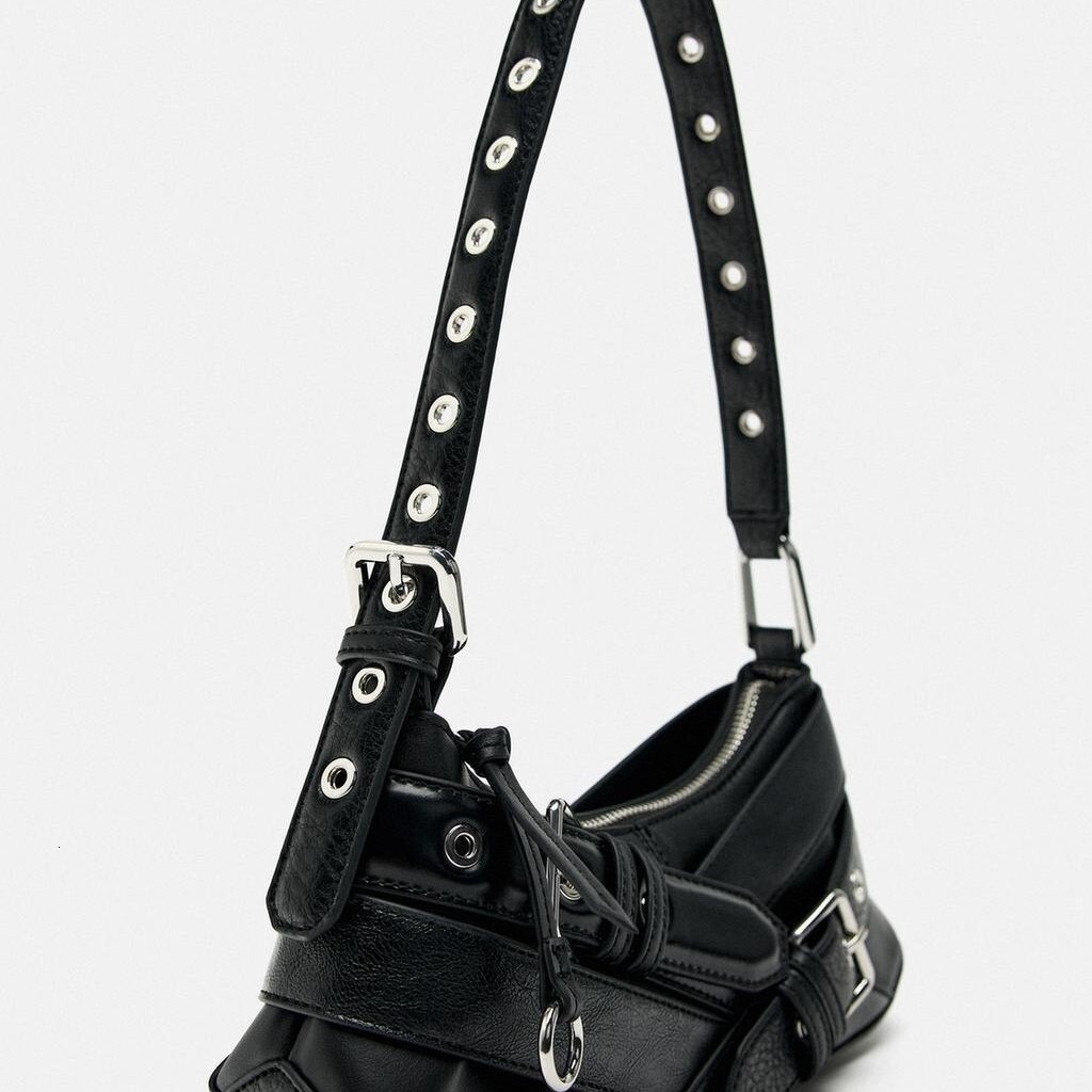 Free Shipping Designer Bag ZR Home 2025 New Black Belt Adorned Women's Fashion Single Shoulder Underarm Motorcycle Splicing High Grade Feel Stick