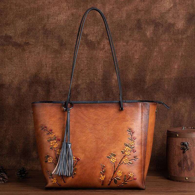 Vintage 3D Floral Embroidery Designer Large Capacity Women's Tote Bag Premium Cowhide Leather Handbags For Women 2025
