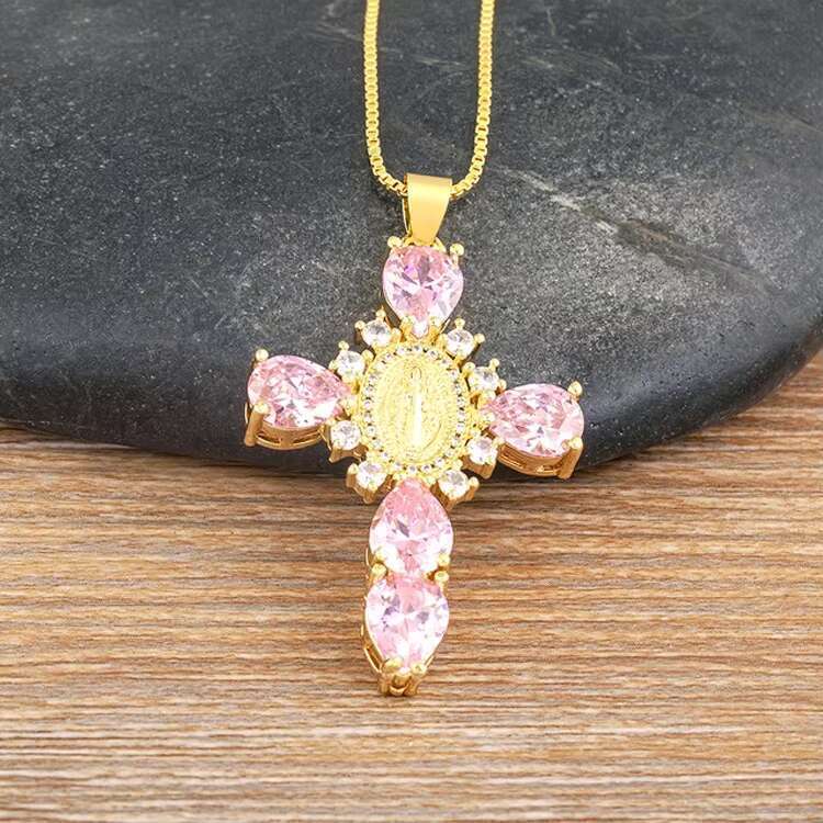 Luxury crystal stone religious cross pendant, Virgin Mary gold-plated necklace for women, 925 silver moissanite ladies' necklace