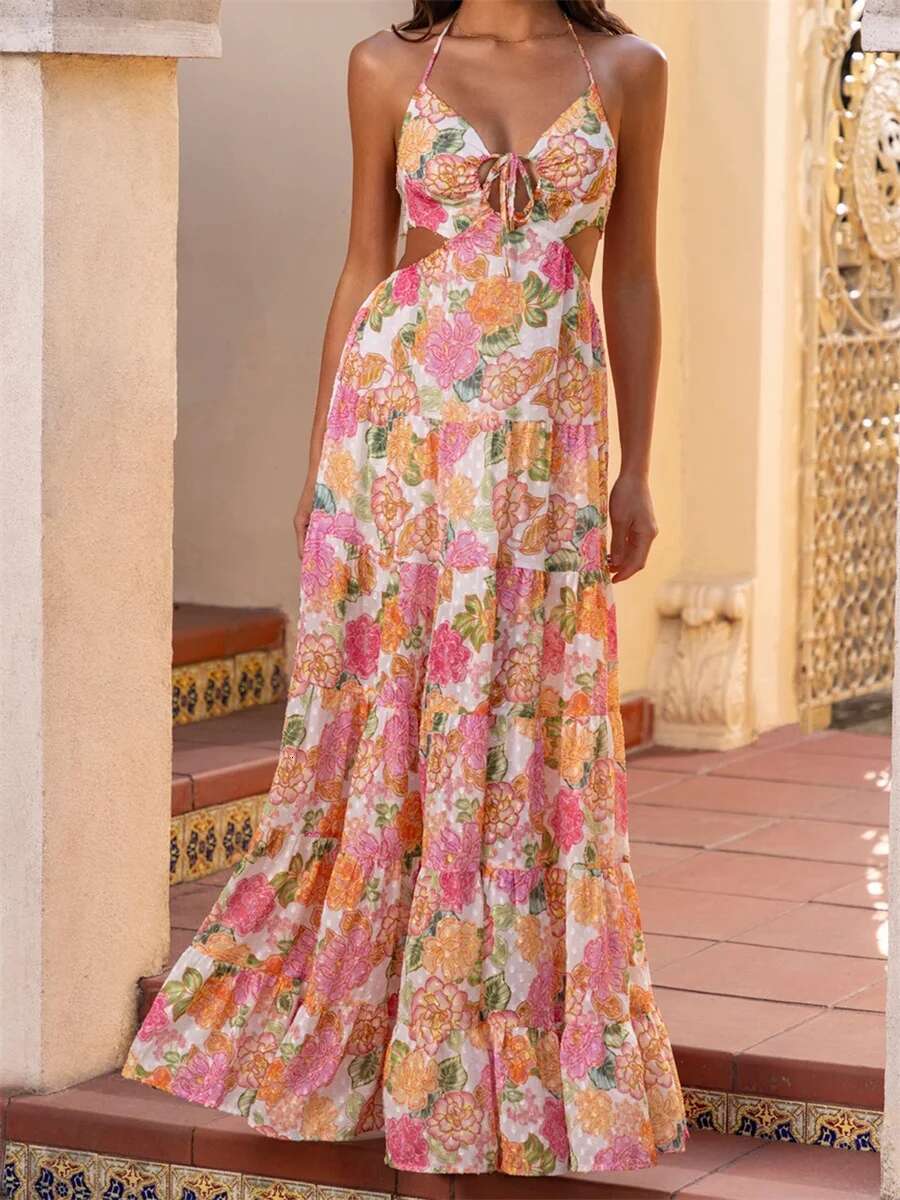 Elegant Maxi Dress with V-neckline and Ruffle Detailing Boho Chic Sleeveless Floral Print Summer Dress for Women