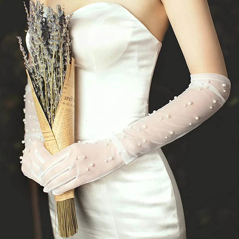 Women sexy Pearl Lace Tulle Gloves Wedding Bridal Gloves Mesh Yarn Long Full Finger Mittens 250603