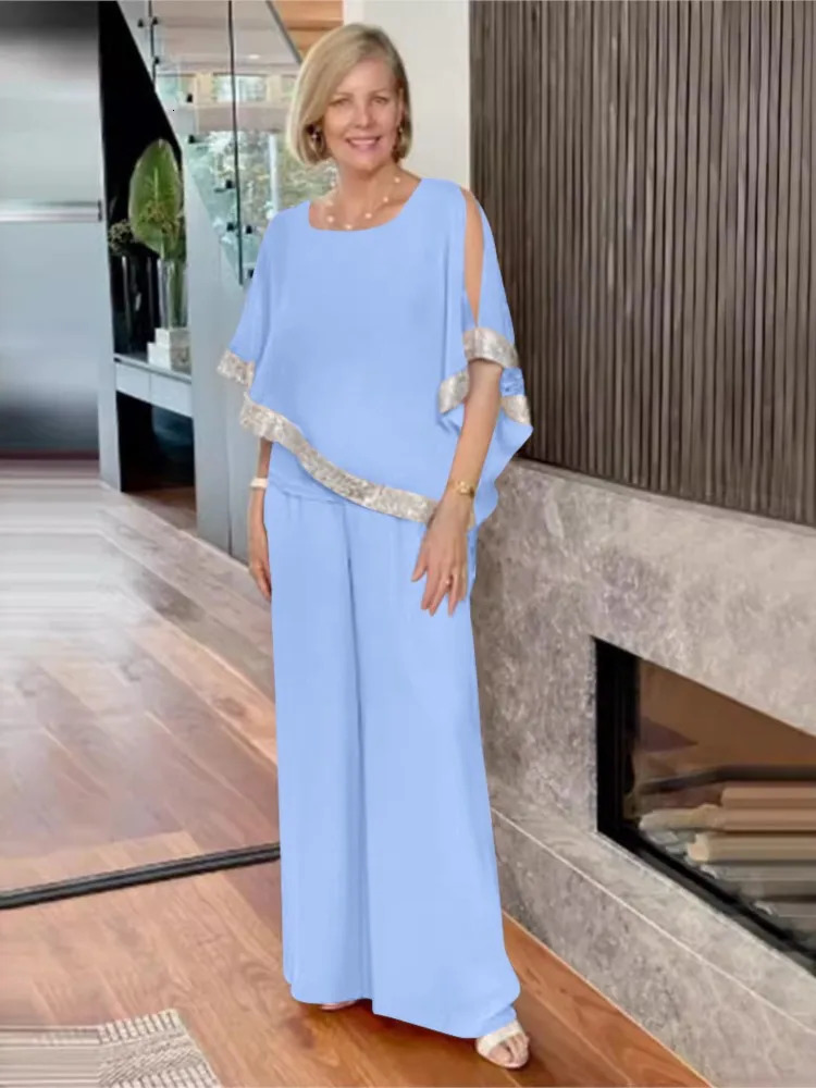 Spring Autumn Set Fashion Round Neck Shining Color Blocked Bat Shirt Sexy Off Shoulder Wide Leg Pants Three Piece 250605