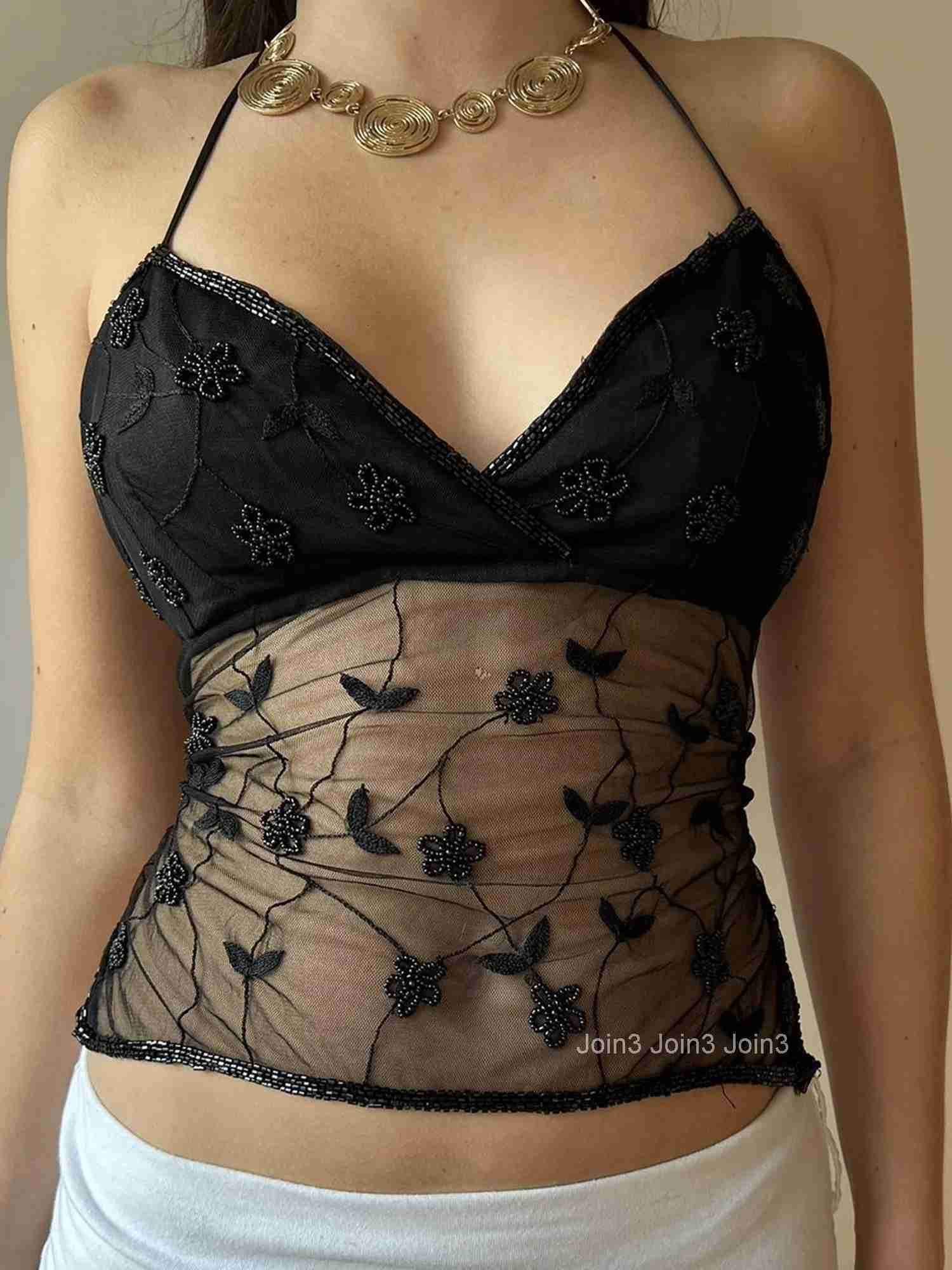 Womens Embroidered Mesh Sleeveless Halter Crop Top with Beaded Flowers and Tie-up Back - Stylish Streetwear Fashion