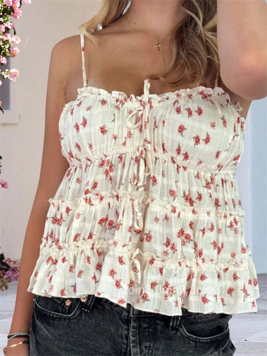 Womens Summer Sleeveless Camisole with Floral Print and Ruched Detailing Spaghetti Straps Tank Top for Club and Streetwear