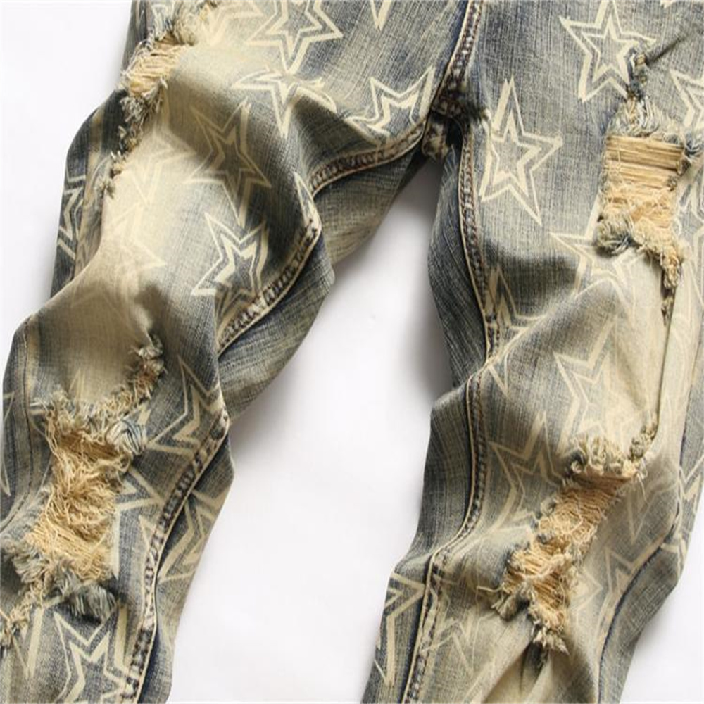 new free shipping designer Jeans Embroidered men jeans with knee hole zipper small leg pants large denim pants Durable Stretchy