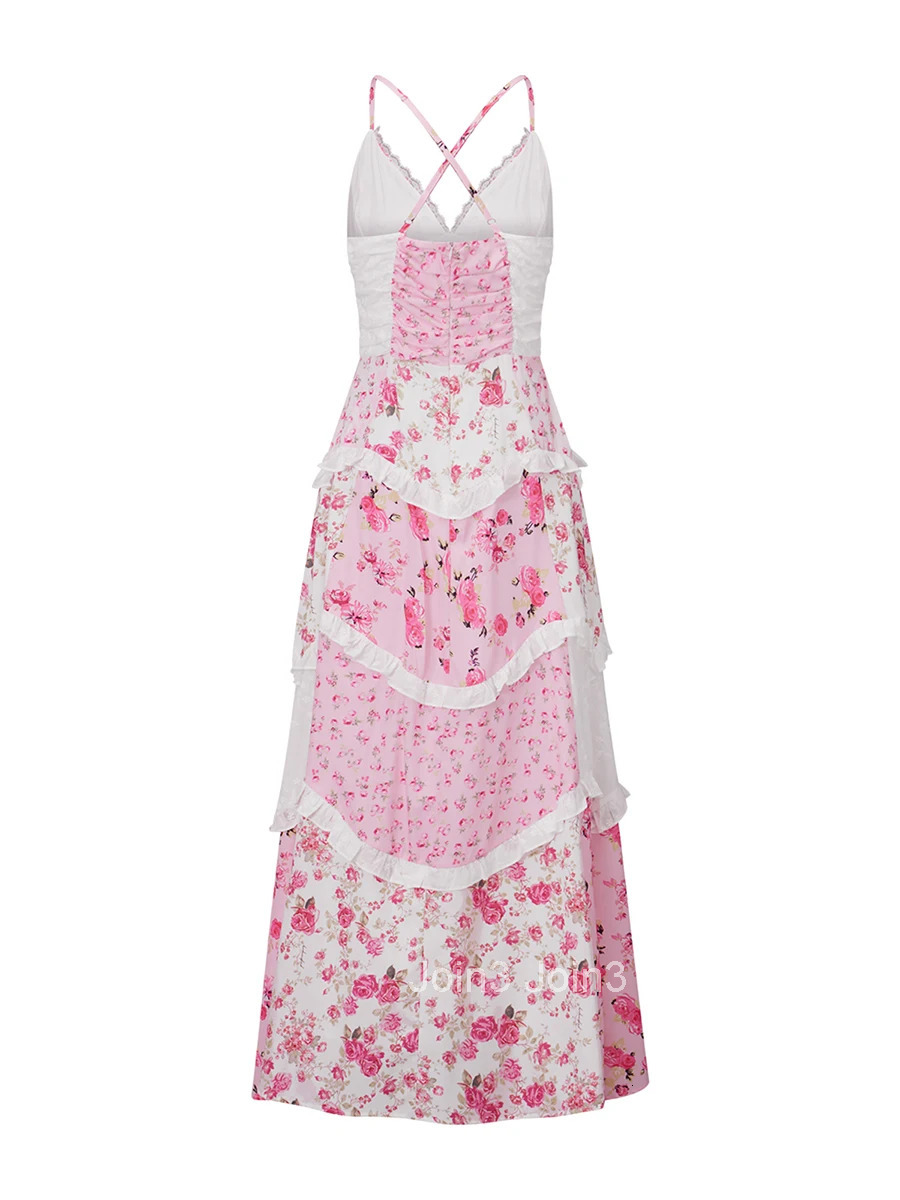 Elegant Boho Chic Maxi Dress with Floral Print and Delicate Lace Details Sleeveless V-neck A-line Dress for Summer Wedding or