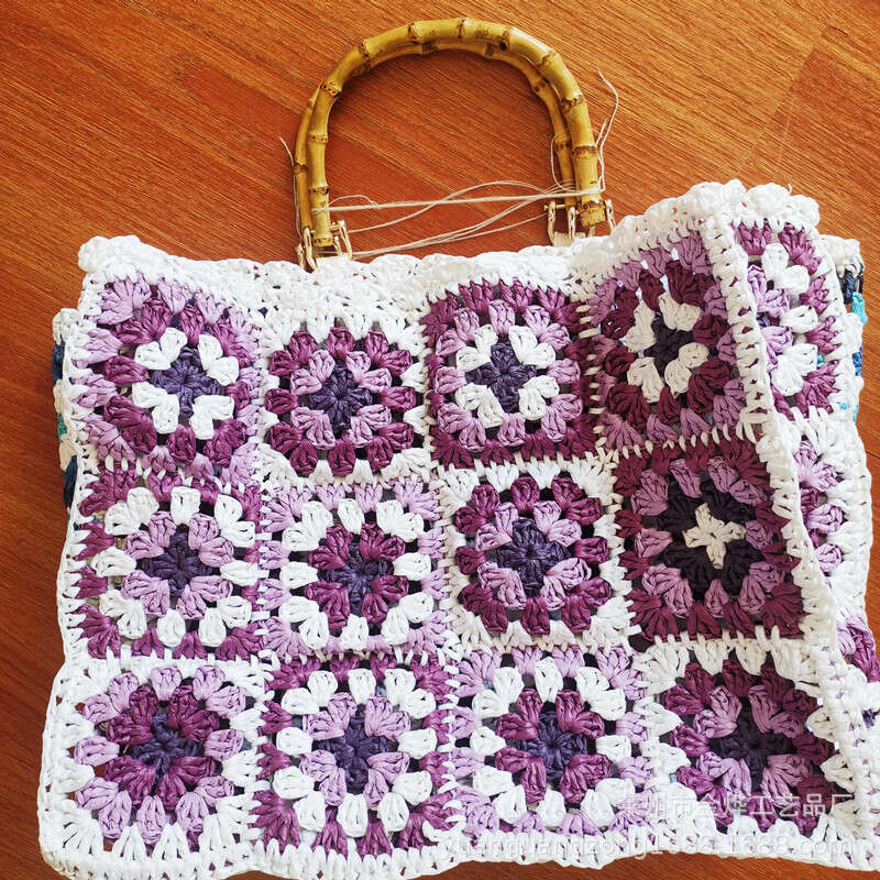 Straw Woven Bag Patchwork Square Cotton Yarn Crochet Handbag Custom Handmade GUHUISHU