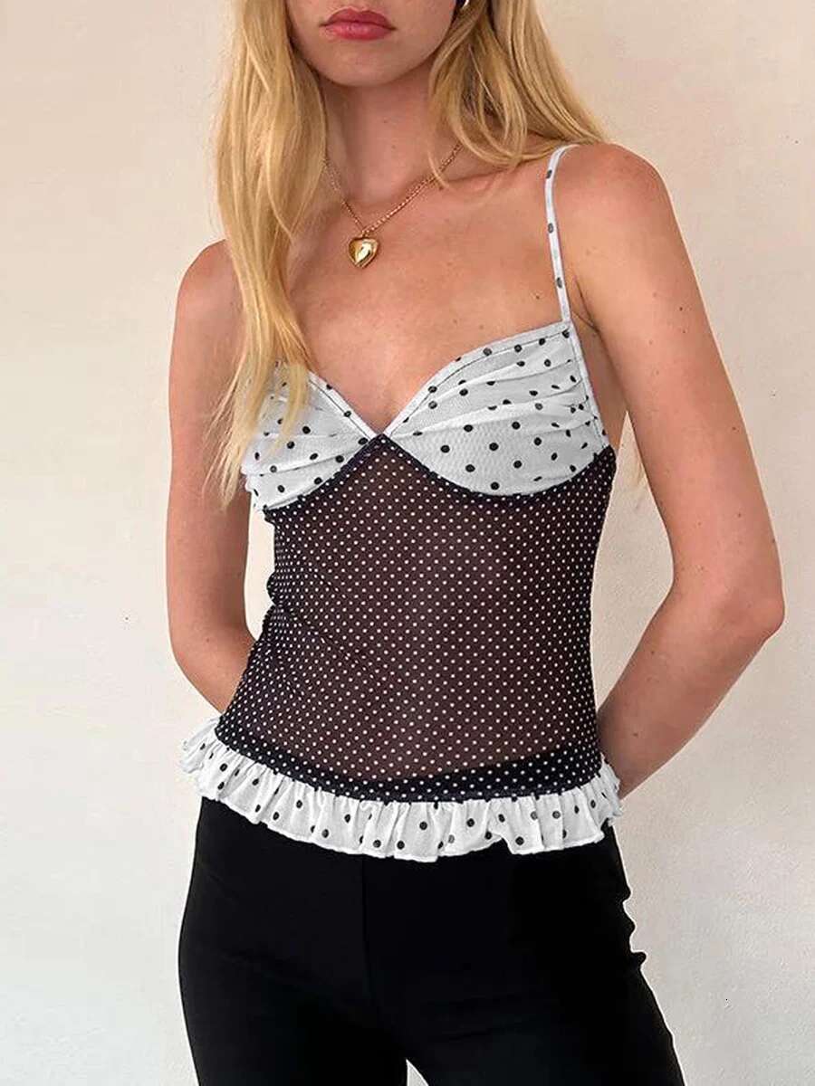 Womens Sleeveless Polka Dot Print V-neck Camisole Tops with Backless Design Summer Tank Tops for Streetwear Fashionistas