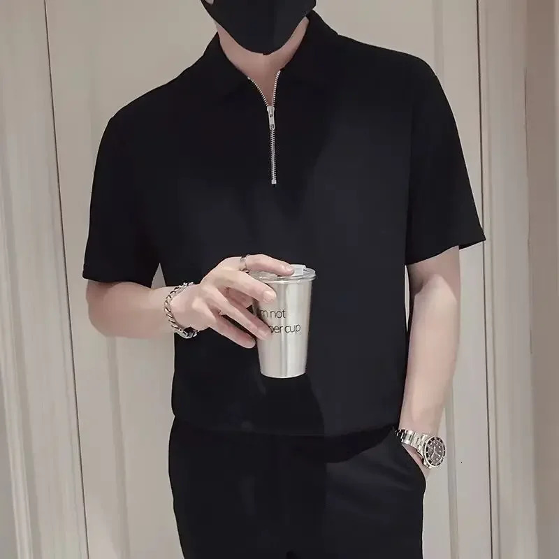Plain Mens with Collar T-shirt White Black Green Zipper Male Polo Shirts Quick-drying Party Slim Fit Xl Clothes Kpop Tops 250606
