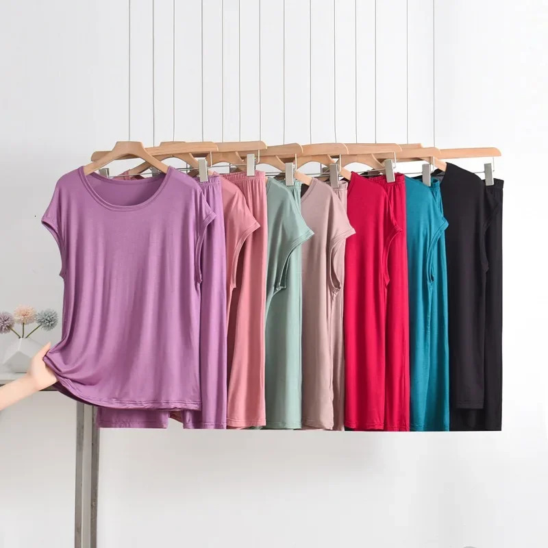 Plus Size Loose Modal Set Women Summer Short Sleeve Top Seven Pants Thin Home Clothes Sleepwear plus Fat MM 200 Pounds 250603