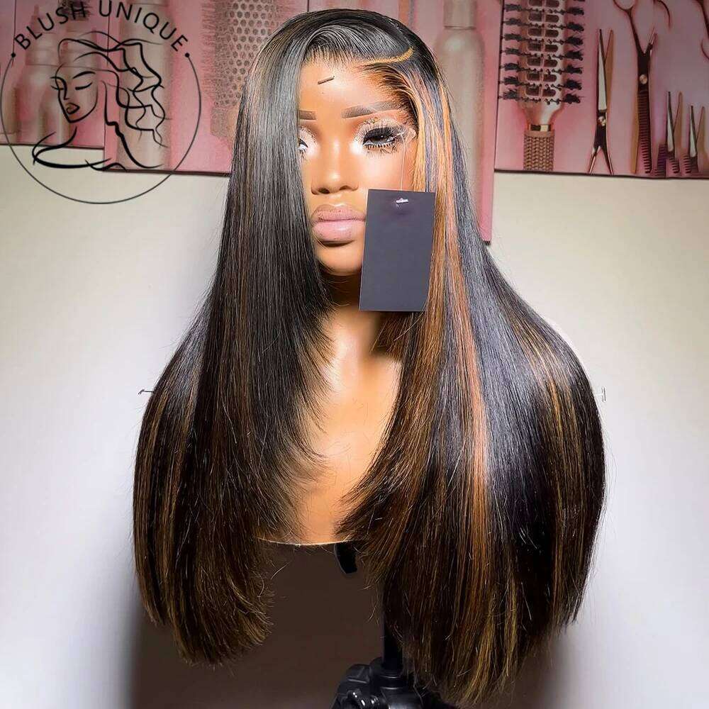 NAMM Highlight Straight Frontal 13x6 HD Layered Wig Synthetic Pre Plucked Ombre Blonde Lace Front Wigs for Women