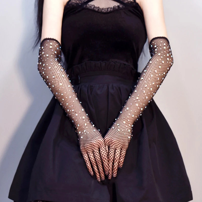 Flash Diamond Mesh Bounce Retro Mesh Black Gloves European and American Fashion Stretch Color Diamond Ladies Gloves C018 250603