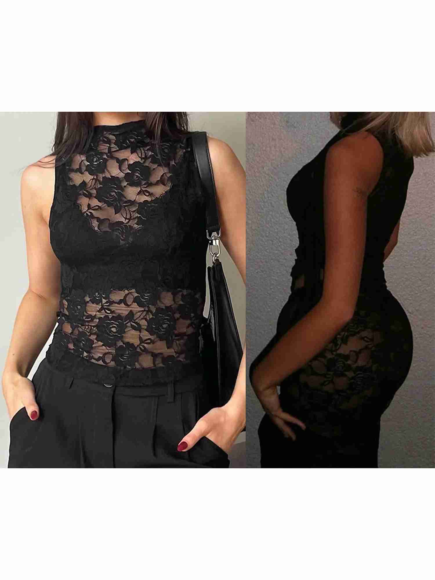 Womens Elegant Floral Lace Sleeveless Blouse High Neck Tie-up Fit Sheer Mesh Cropped Tank Top for Summer