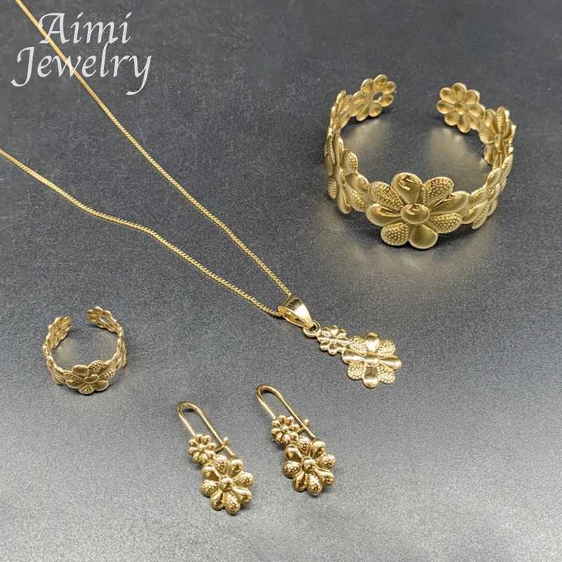 Chirlren 4Pcs Vintage 18K Gold Plated Jewelry Set for Girls Necklace Earring Ring Italian Classic Wedding Party Gifts Z250607