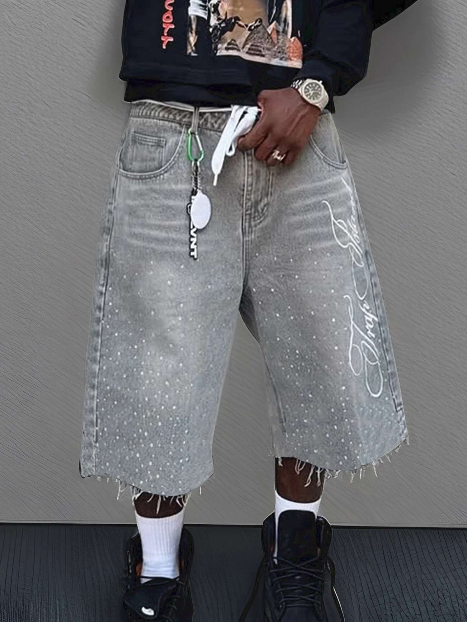 Mens Stylish Knee-length Denim Shorts with Embroidered and Rhinestone Detailing for Summer Casual Wear