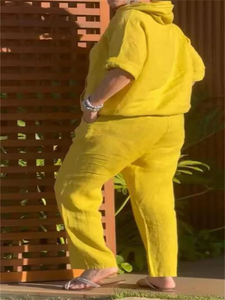 Plus size womens suit solid color cotton hemp fashion zipper hoodie top pants plus clothing 250603