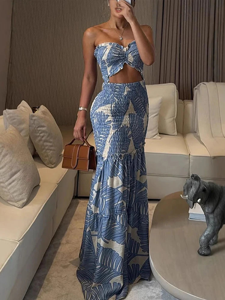 Hollow Out Printed Halter Long Dress Women Backless Off Shoulder Patchwork Ruffle Summer 2025 Dresses Party Vacation Chic Robe 250605