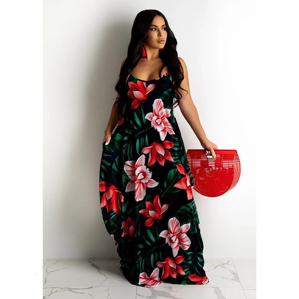 Plus size Europe and the United States crossborder plus summer station flower print loose slip dress long skirt 250526