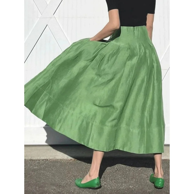 French elegant retro green umbrella skirt temperament high-waisted slim fluffy skirt ladies half skirt 250605