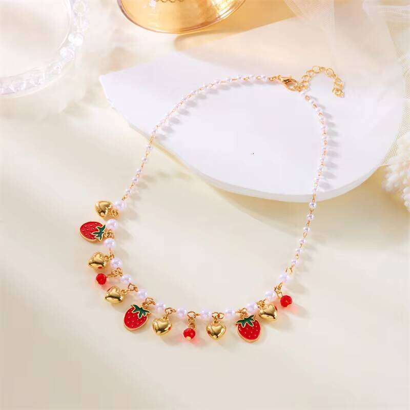 New Fruit Heart Imitation Pearl Necklace Sweet Cute Strawberry Cherry Tassel Charm Women's Jewelry Gift