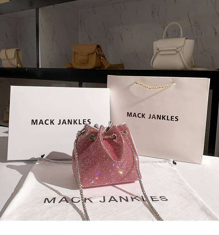 String Bucket Crystal Shiny Rhinestones Dia Evening Women's Handbag Wedding Party Clutch Purse Crossbody Bag