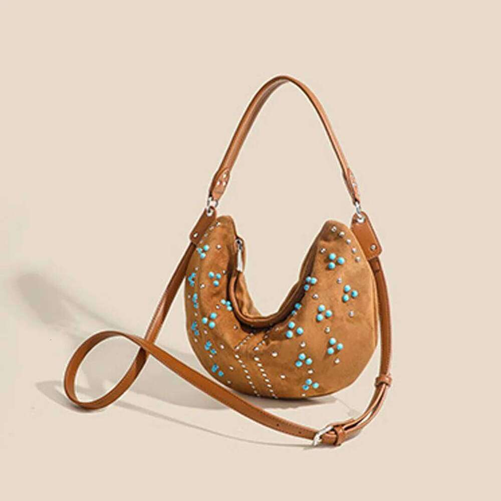 Designer Bag Luxury Bag Retro Rivet Frosted Handbag, Large Capacity Underarm Shoulder Dumpling Bag,Women's 2025 New Fashionable Suede Tote Bag,Cr