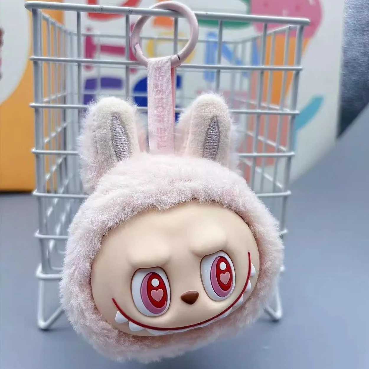 Sitting Labubu Doll Keychain External Implantation Fluff PVC Toy Phone Ornaments Bag Charms Car Keychain Christmas Gifts Z250607