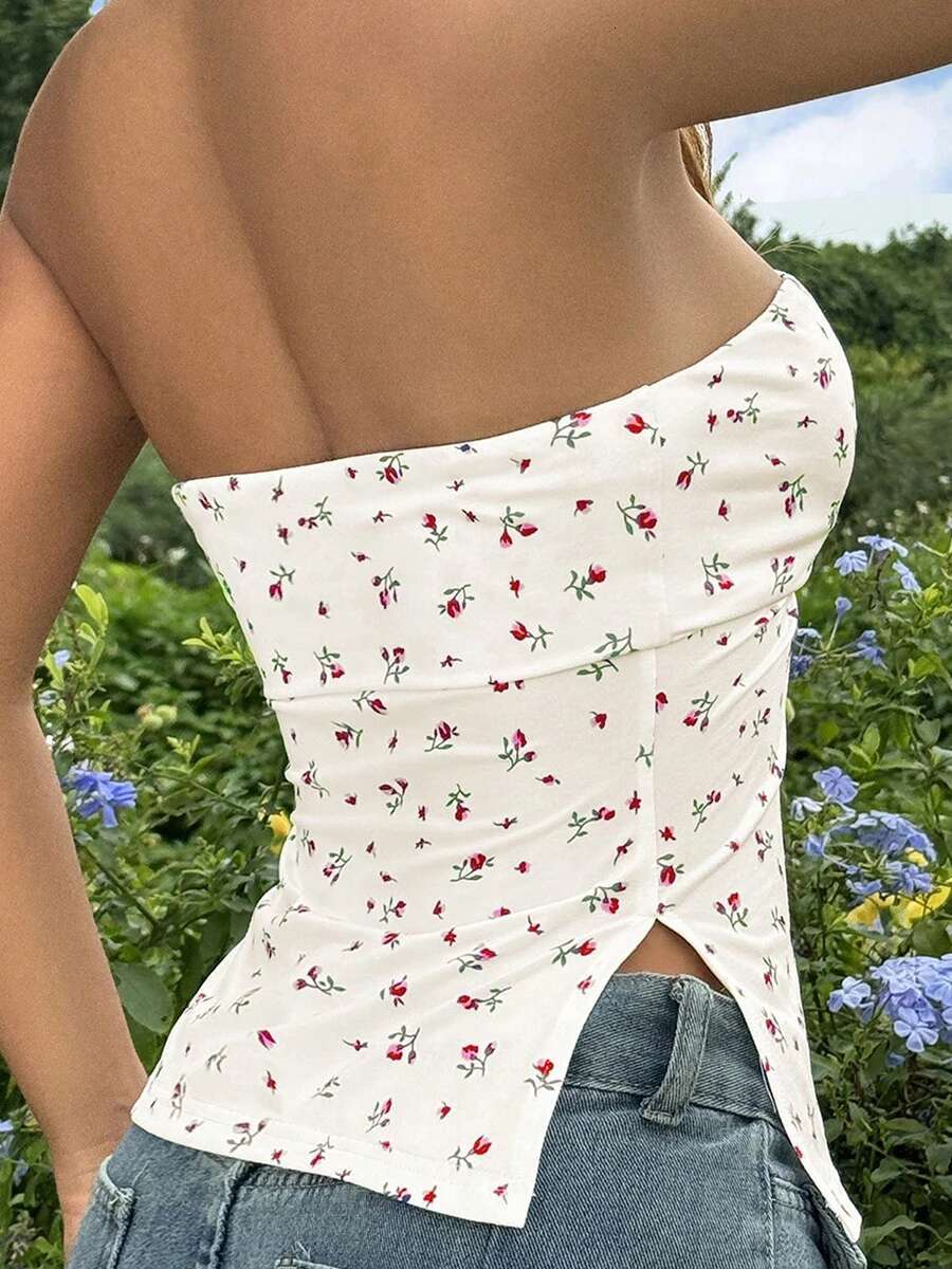 Womens Off Shoulder Ruffle Crop Tops Floral Print Strapless Tube Tops Sleeveless Bandeau Casual Shirts Summer Blouses