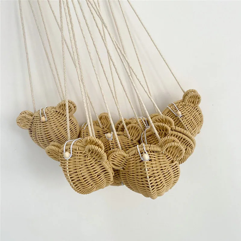 Korean Style Children Cute Single Shoulder Crossbody Bag Girls Messenger Kids Rattan Weaving Bear Head Bag 250605