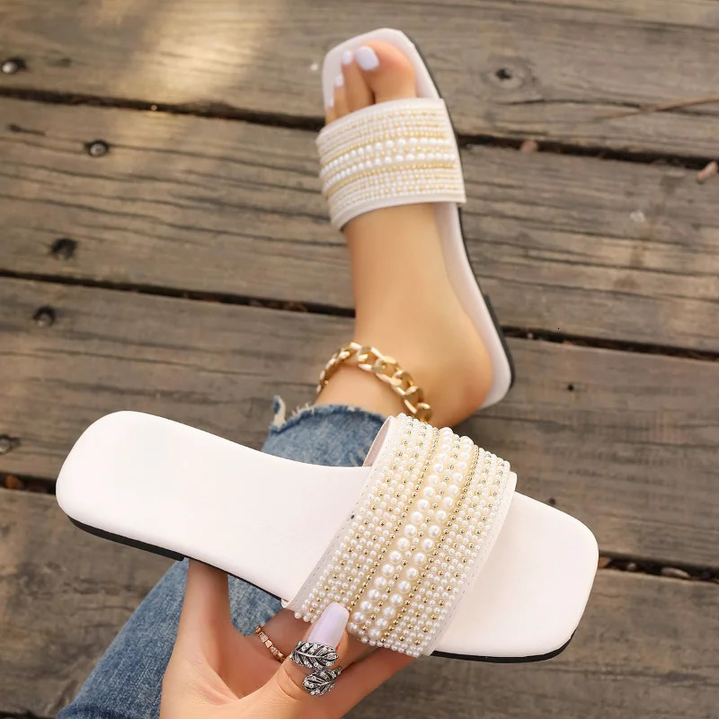 Women Pearl Slippers 2025 Summer Square Toe Flats Slides Sandals Woman Comfortable Non Slip Beach Flip Flops Big Size 43 250603