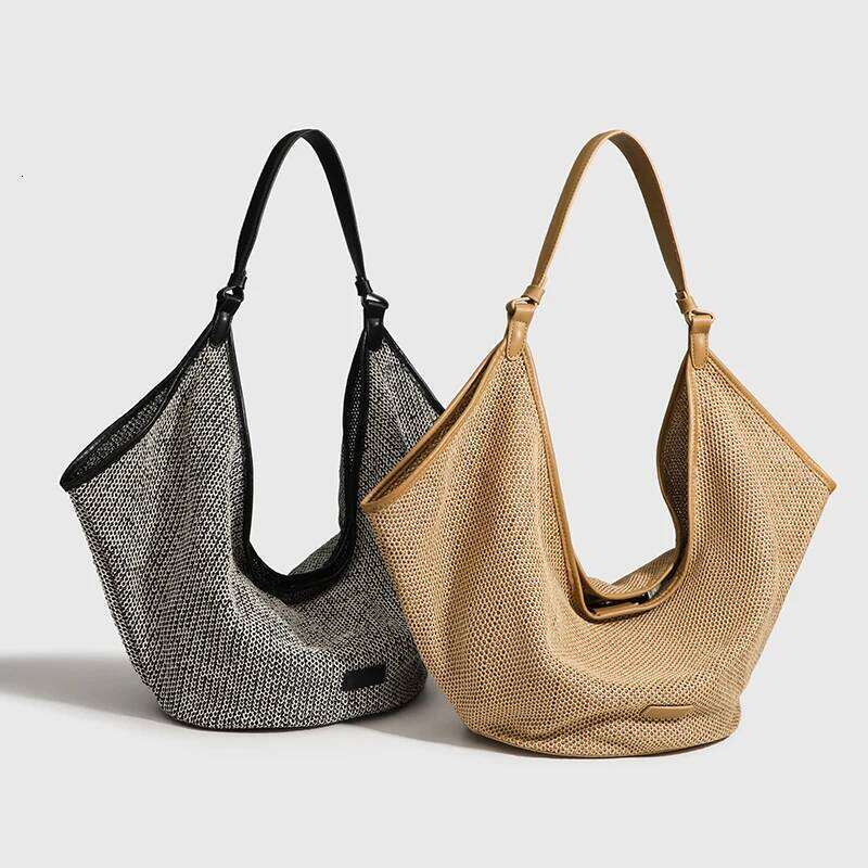 Large Capacity Bucket Beach Bags For Women Designer Handbags And Purses 2024 New In Casual Straw Weave Underarm Shoulder