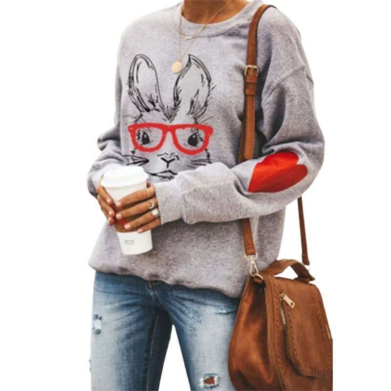 Easter Egg Print Womens Loose Fit Pullover Sweatshirt with Long Sleeves and Round Neck for Casual Autumn Wear