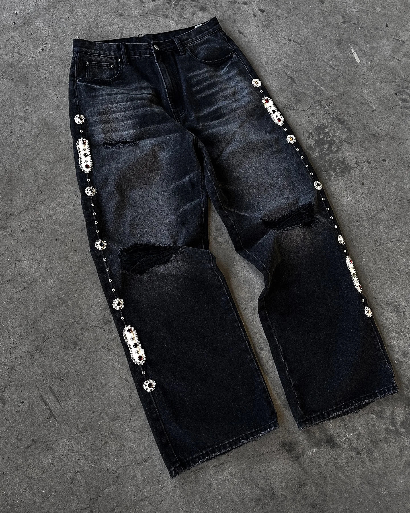 Punk Vintage Rhinestone Embellished Black Jeans Y2k American Style Streetwear Baggy Wide Leg Jeans Men Women Ripped Denim Pants 250603