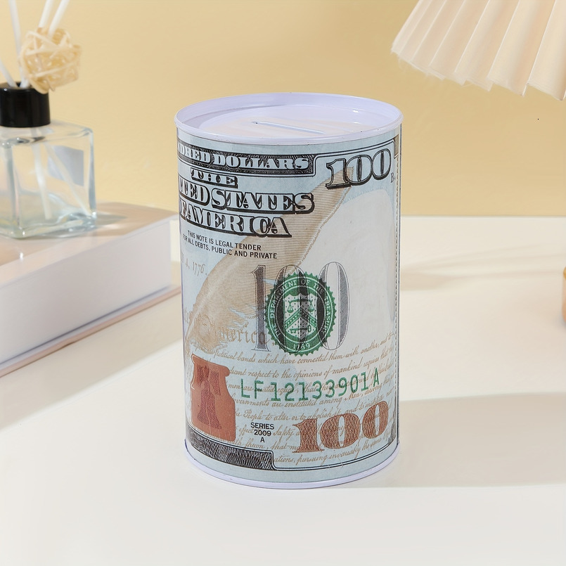 A Metal Cylindrical Dollar Pattern Piggy Bank, Coin Storage, Decorative Ornament, Currency Storage Jar
