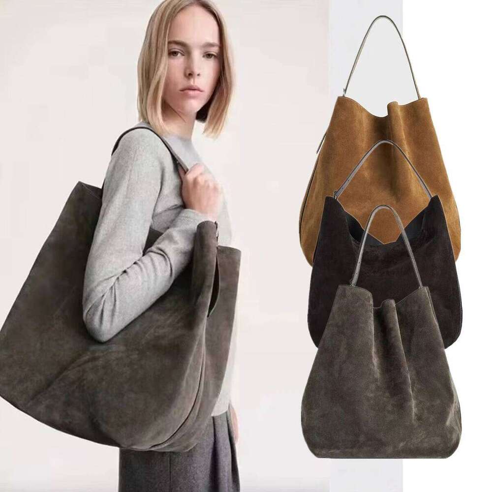 Jenny&Dave Minimalist Vintage Suede Frosted Cowhide Bucket Genuine Leather Commuter Large Capacity Tote Bag Women
