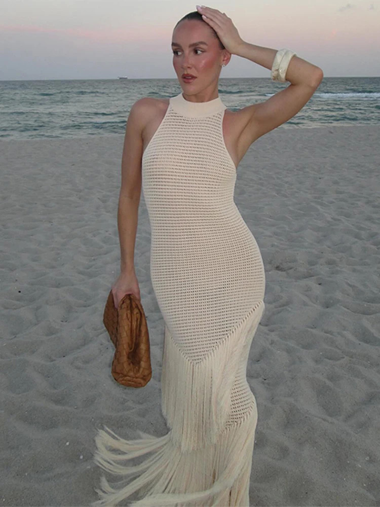 Neck Tassel Deep V-Neck See Through Womens Long Dress Sexy White Backless Robe Longue Summer Holiday Females Long Dresses 250605