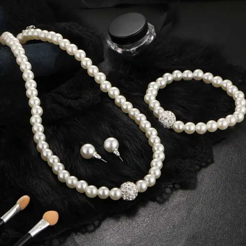 3 PCS Set Imitation Pearl Necklace Earring Stud Set Fireball Pearl Beaded Women Luxury Bridal Party Jewelry Set Z250607