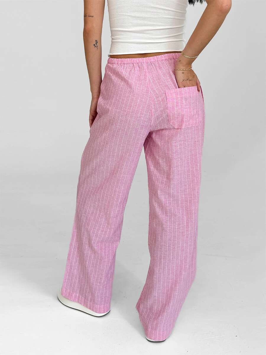 Womens Striped Loose Fit Pants with Drawstring Waist and Elastic Cuffs Lightweight Spring Fall Casual Trousers for Comfort