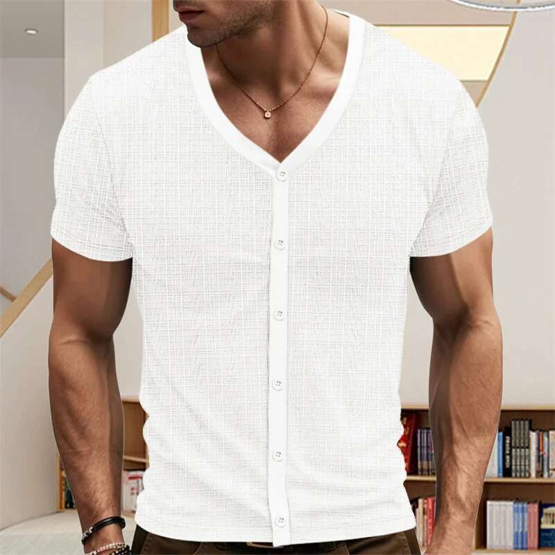 Mens Fit v Neck Button Down Short Sleeve Casual T-shirts Summer Cardigans Classic Tops for Everyday Wear