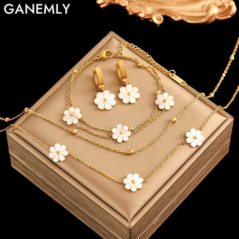 GANEMLY 316L Stainless Steel Cute White Flowers Necklace Earrings Set For Women Fashion Waterproof Jewelry Set Gift Z250607