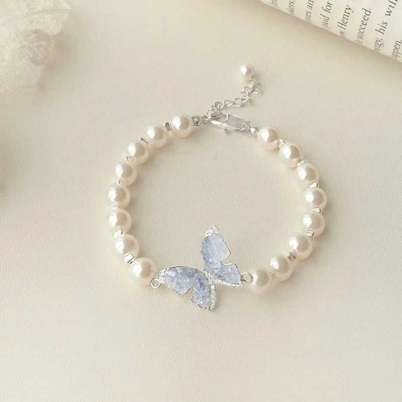 New Fashion Blue Crystal Butterfly Pearl Earrings Ring Necklace for Women Advanced Bilayer Choker Wedding Jewelry Set Z250607