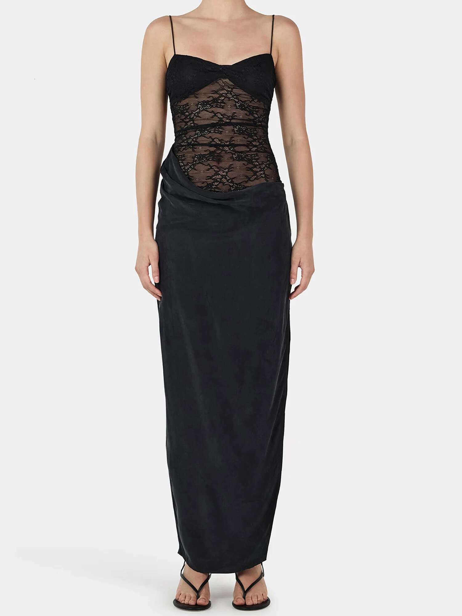 Elegant V-neck Sleeveless Maxi Dress with Side Slit and Lace Detailing Perfect for Summer Cocktail Parties and Events