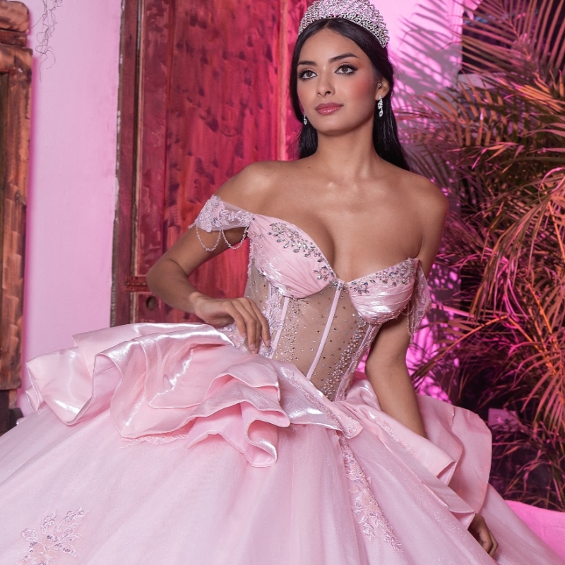 Pink Off The Shoulder Ball Gown Quinceanera Dresses Appliques Lace Beading Crystal Tull Corset Sweet 16 Dress vestidos 15 anos