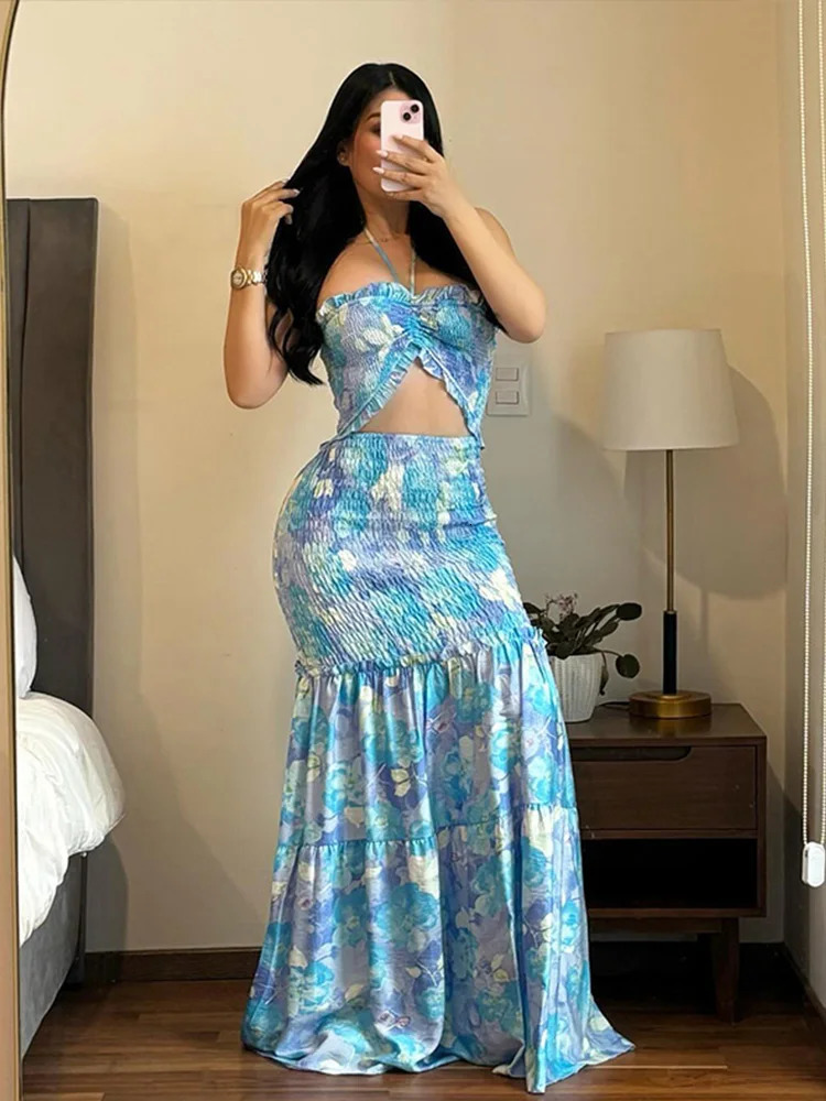 Hollow Out Printed Halter Long Dress Women Backless Off Shoulder Patchwork Ruffle Summer 2025 Dresses Party Vacation Chic Robe 250605