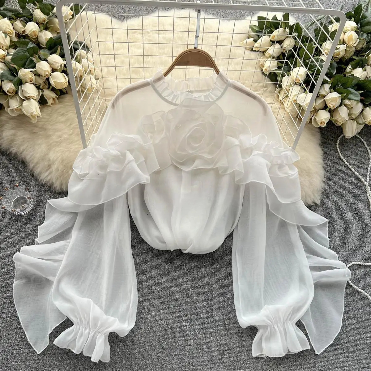 Women Chic Ruffle Pleated Mesh Asymmetric Tank Top Slim Basic Sexy Korean Fashion O Neck Long Sleeve Top Summer Women Blouse 250605