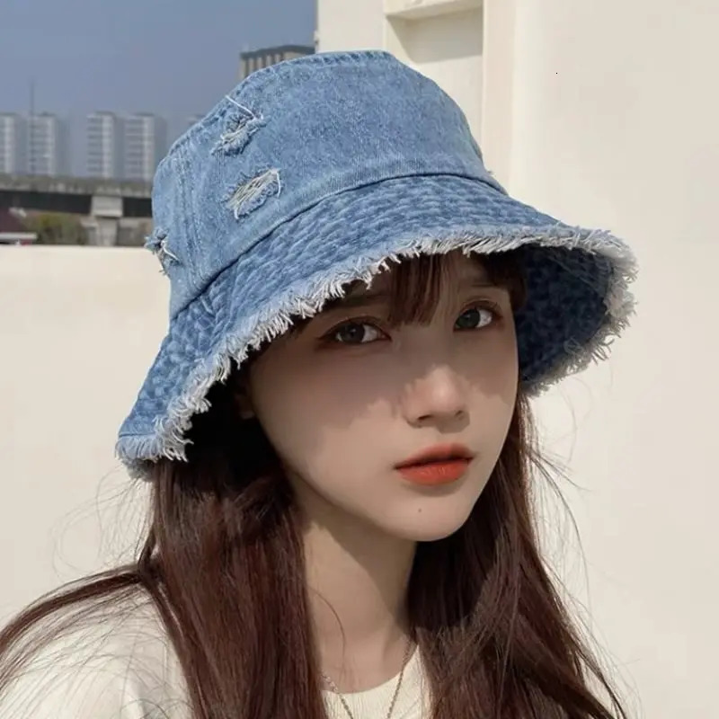 RICYGVM Japanese Retro Washed Denim Fisherman Hat for Women Sunshade Visors Fashion Wide Brim Bucket Cap Hip Hop Holes Basin Hat 250605