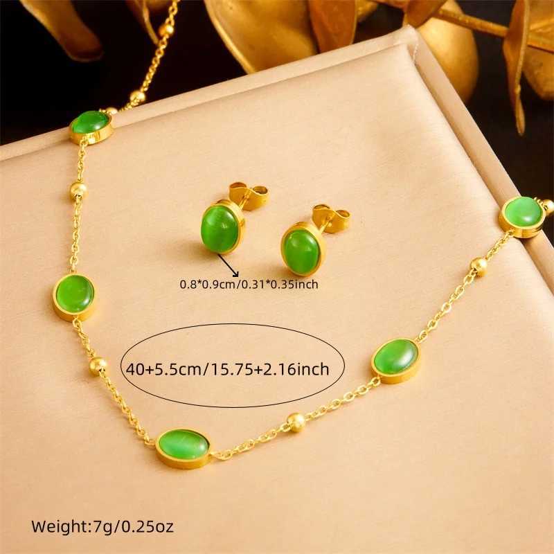 DIEYURO 316L Stainless Steel Green Oval Rhinestone Necklace Earring Set Trend Non-fading Elliptical Geometry Jewelry Set Z250607
