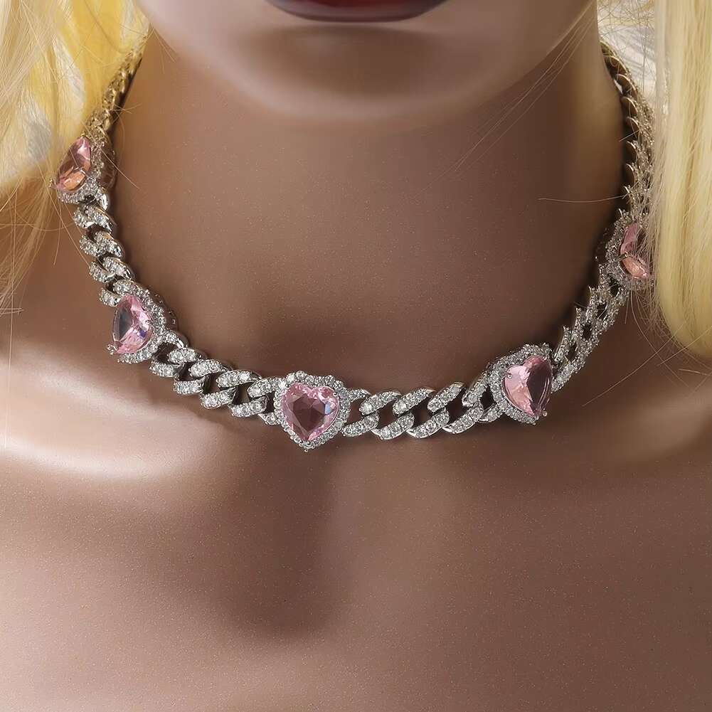 925 silver plated gold necklace for men and women; 9mm Cuban chain with pink heart-shaped moissanite bracelet set for ladies; hip jewelry