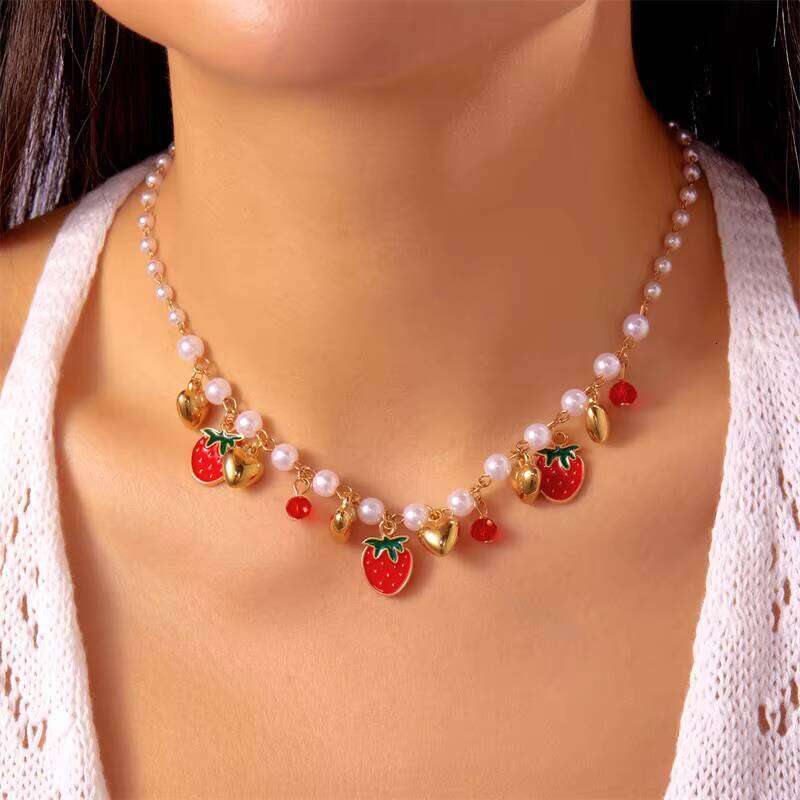 New Fruit Heart Imitation Pearl Necklace Sweet Cute Strawberry Cherry Tassel Charm Women's Jewelry Gift