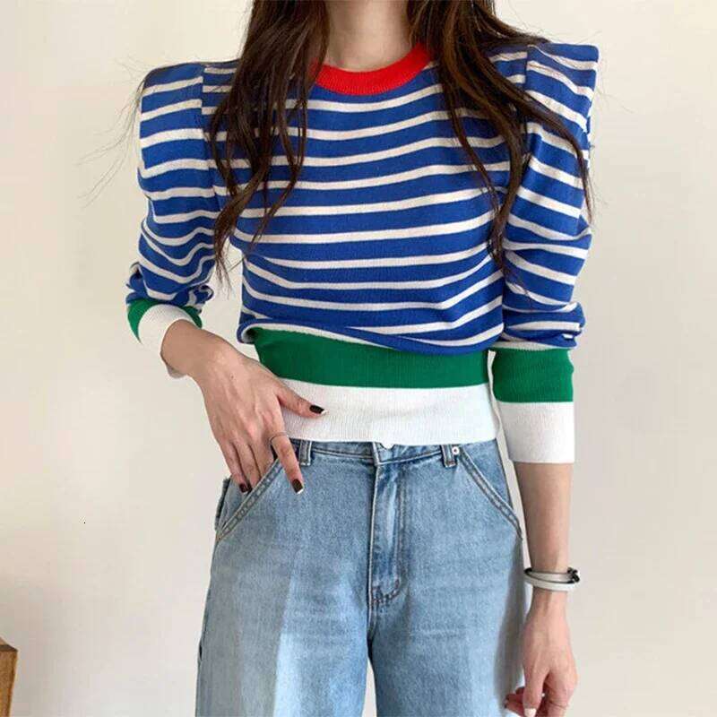 2024 Autumn Pull Femme Striped Sweet Puff Sleeve Short Sweaters Women Slim Korean Chic Fashion Winter Pullovers 18411
